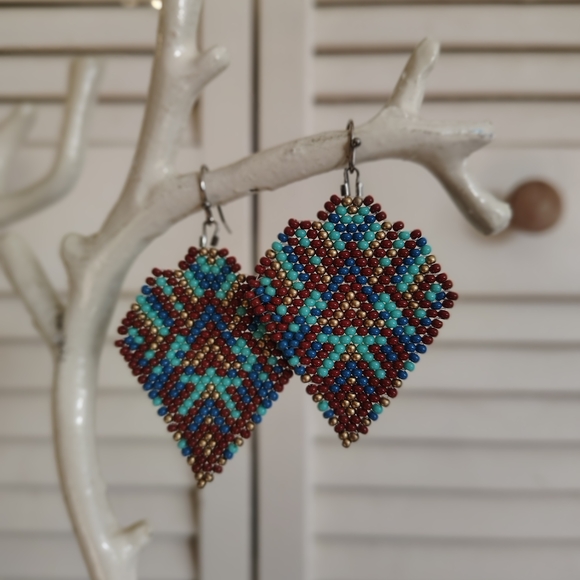 Handmade Artisan Beaded Earrings - Turquoise and Brown - Picture 2 of 3